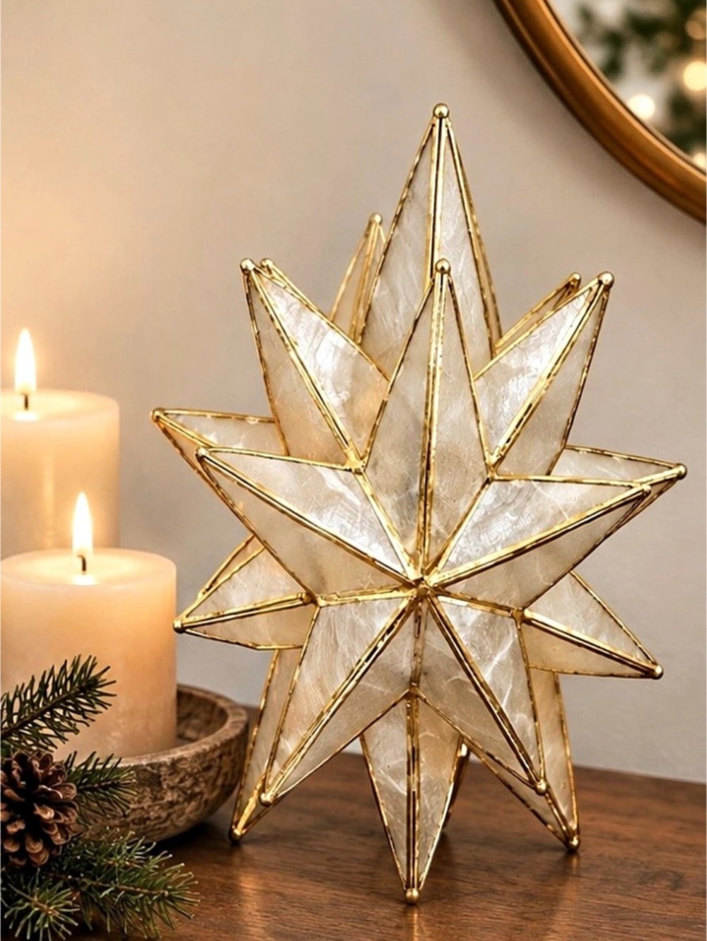 Large Capiz Gold Star Gold Brass & Semi Sheer Decor